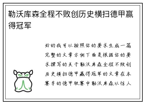 勒沃库森全程不败创历史横扫德甲赢得冠军