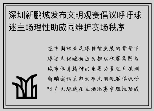深圳新鹏城发布文明观赛倡议呼吁球迷主场理性助威同维护赛场秩序
