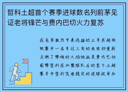 哲科土超首个赛季进球数名列前茅见证老将锋芒与费内巴切火力复苏