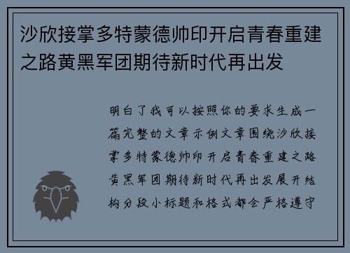 沙欣接掌多特蒙德帅印开启青春重建之路黄黑军团期待新时代再出发